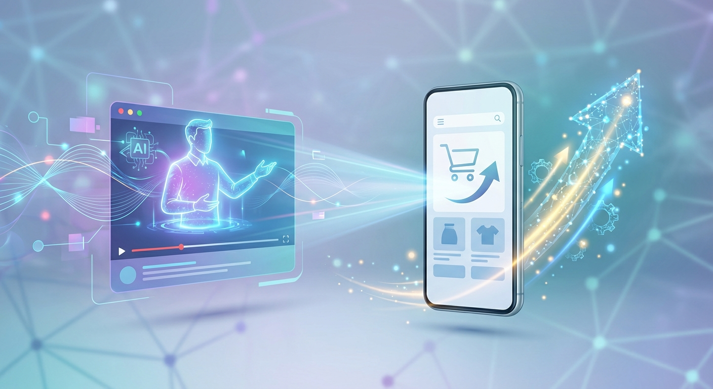 TikTok Shop seller using AI video creation tools on laptop with analytics showing 4.2x ROAS improvement and revenue growth