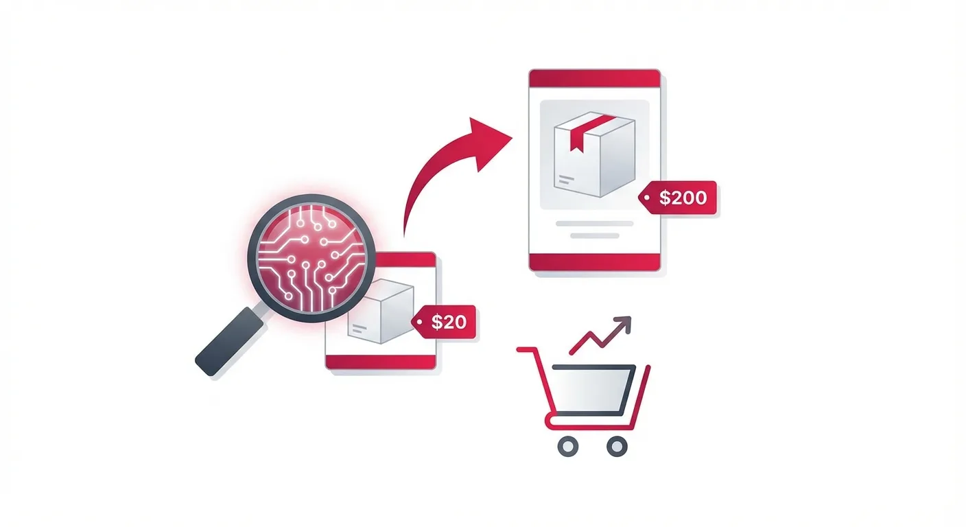 Person using laptop with AI analytics dashboard showing profitable product discovery from $20 to $200 markup on Shopify