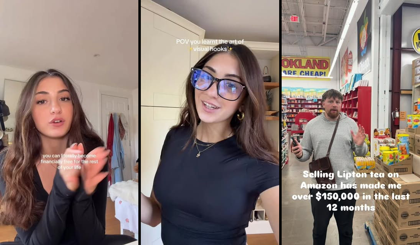 Person counting money with TikTok logo and AI-generated video thumbnails showing $150K profit from social media sales