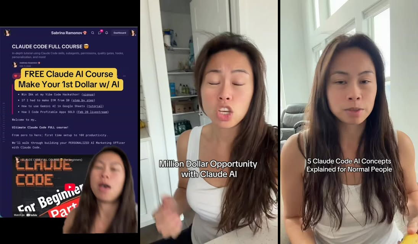 Person using Claude AI on laptop to create TikTok Shop video ads, with revenue growth charts showing $10K results