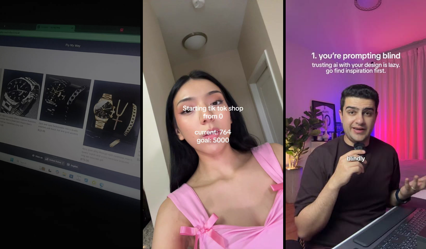AI-generated video ad creation workflow showing Pinterest design references being fed into Grok and Runway for TikTok Shop...