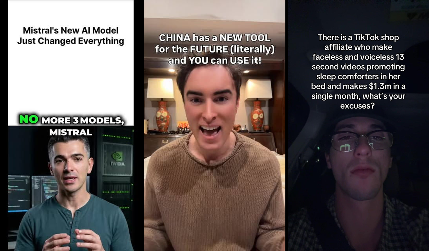 TikTok Shop sellers using AI video tools on laptops to create high-converting product videos with analytics graphs showing...