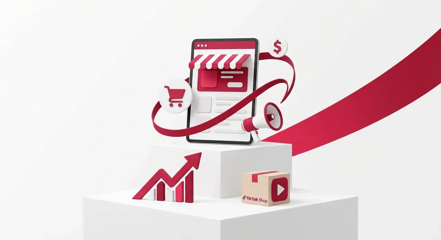 TikTok Shop seller analyzing sales data on smartphone with money and growth charts in background